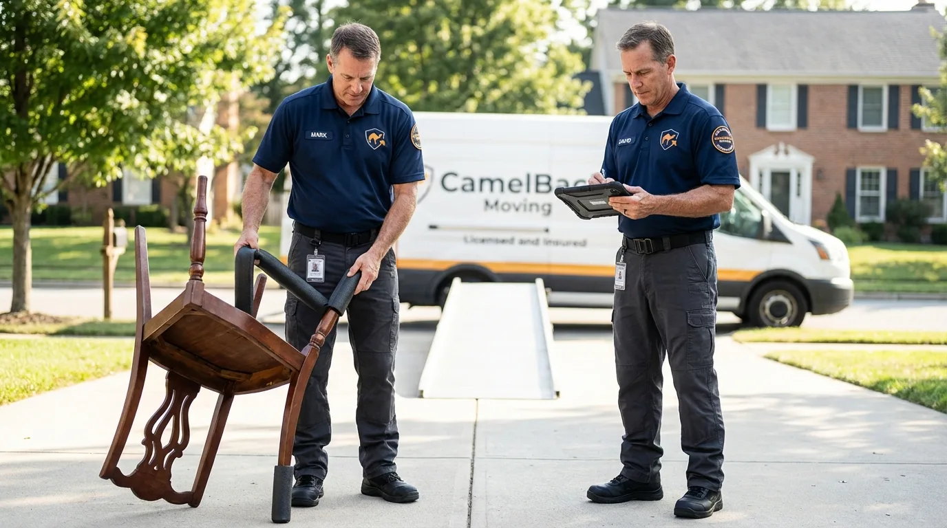 Movers inspecting furniture for damage prevention before loading in Pleasant Grove, AL