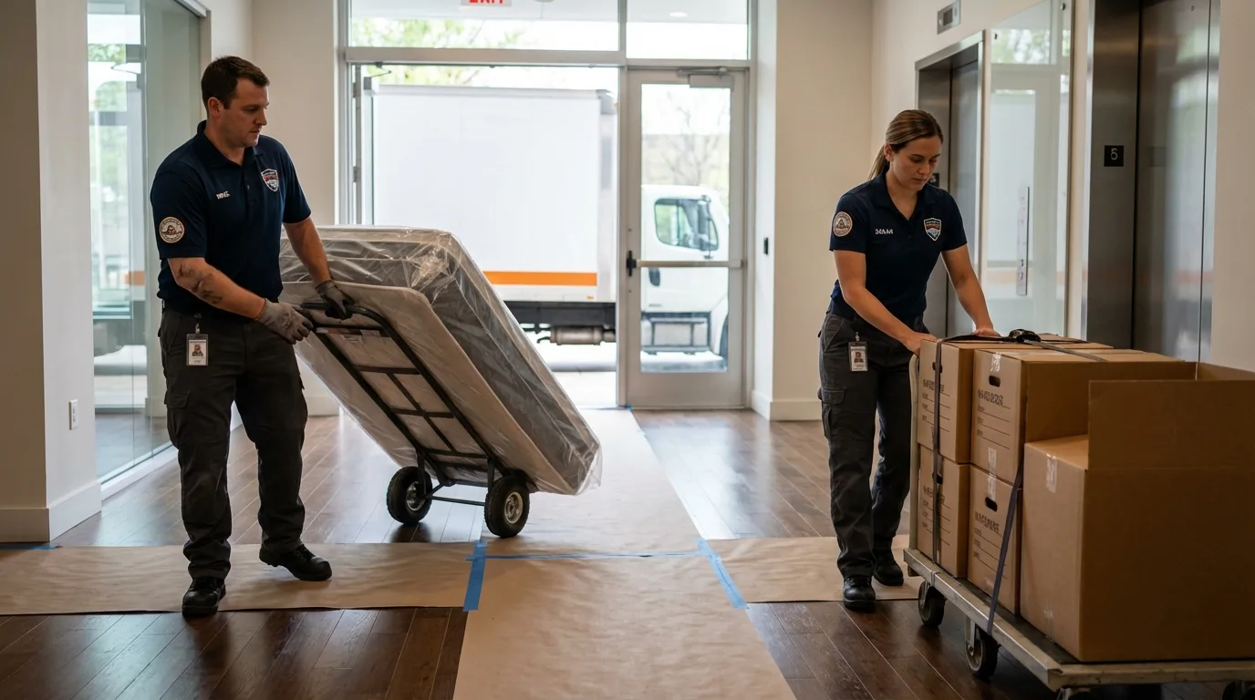 Professional apartment movers loading elevator in Pleasant Grove, AL