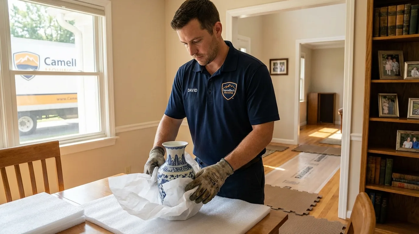 Professional crew carefully wrapping antique vase for senior downsizing move in Pleasant Grove, AL
